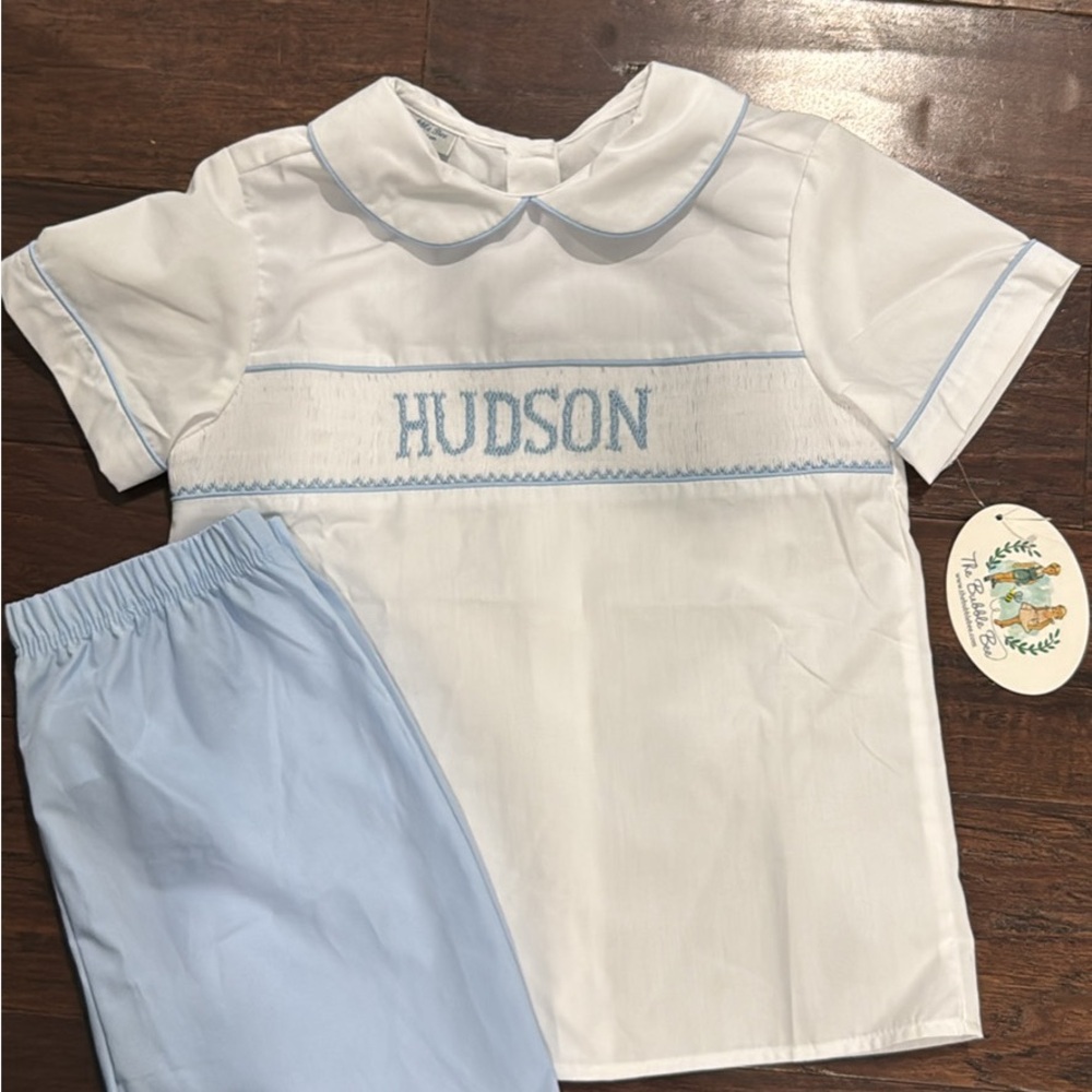 White and Blue Smocked Hudson Shirt and Shorts Set